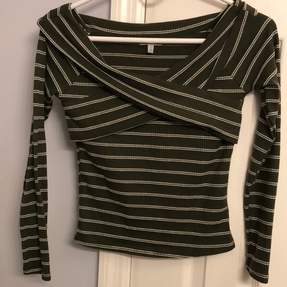 Olive Green Striped Crop Top
